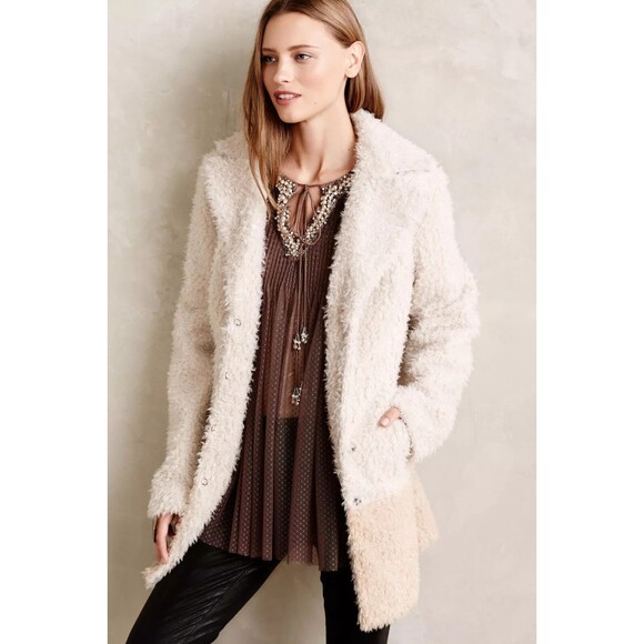 Anthropologie Elevenses Fira Sherpa Coat Shaggy Beige Fairy Grunge Boho Size M - Picture 1 of 16
